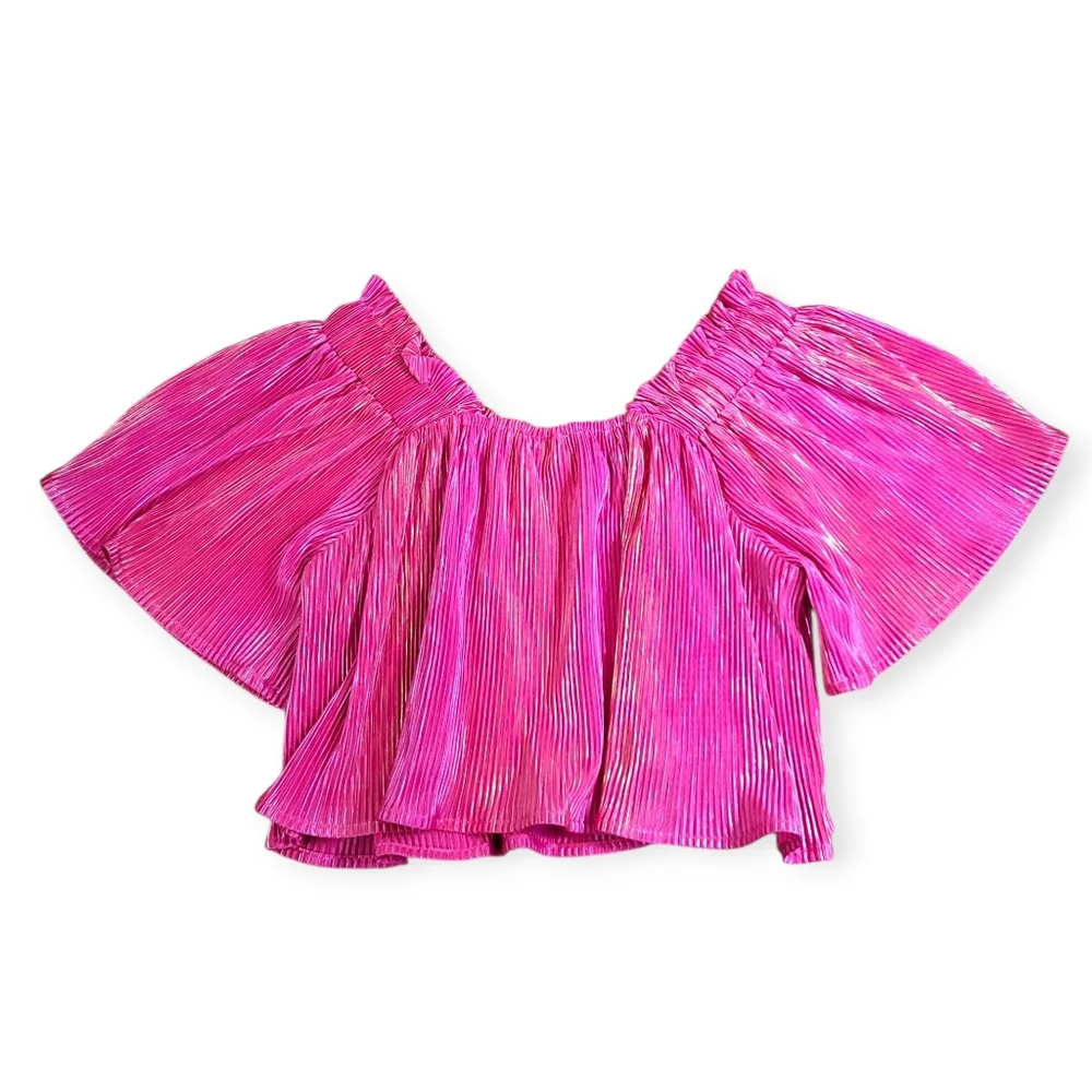 QUEEN OF SPARKLES Hot Pink Pleated Flutter Sleeve Crop Top Large - Picture 2 of 6